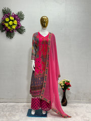 Luxuriant Digital Print With Real Mirror Hand Work Pink Color Sharara Suit