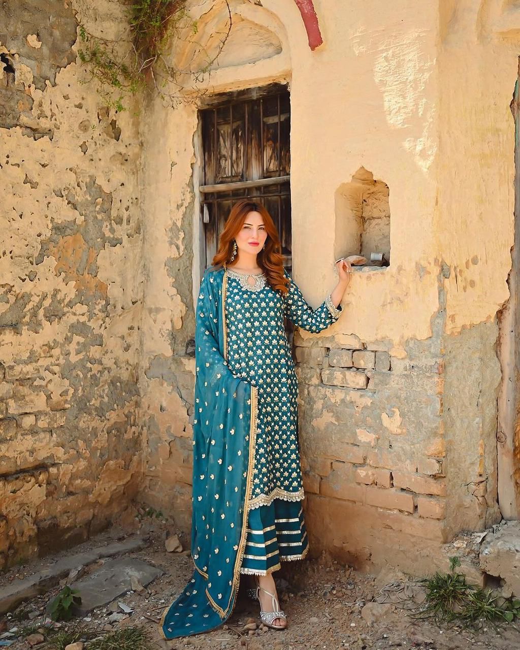 Fabulous Teal Blue Color Embroidery Work Sharara Suit