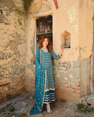 Fabulous Teal Blue Color Embroidery Work Sharara Suit