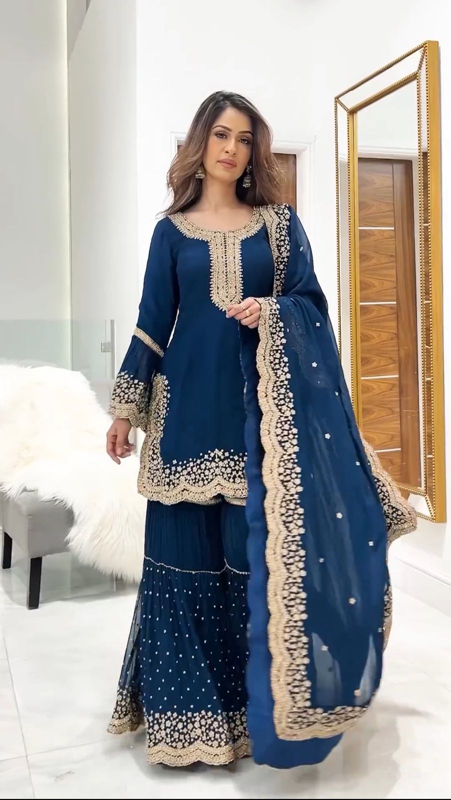 Marvelous Embroidery Work Blue Color Sharara Suit