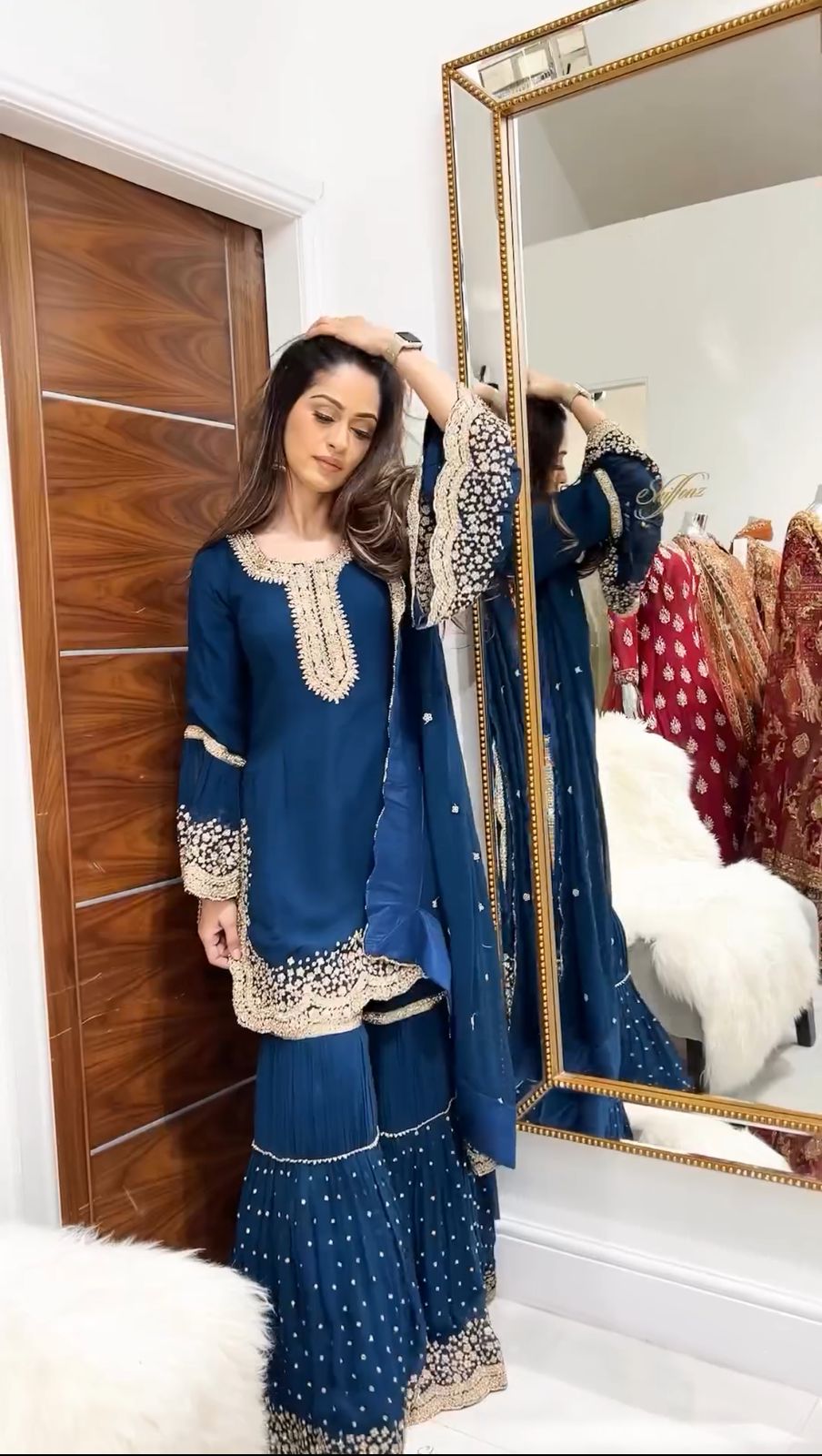 Marvelous Embroidery Work Blue Color Sharara Suit