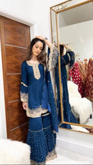Marvelous Embroidery Work Blue Color Sharara Suit