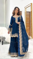 Marvelous Embroidery Work Blue Color Sharara Suit