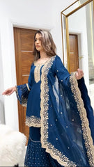 Marvelous Embroidery Work Blue Color Sharara Suit