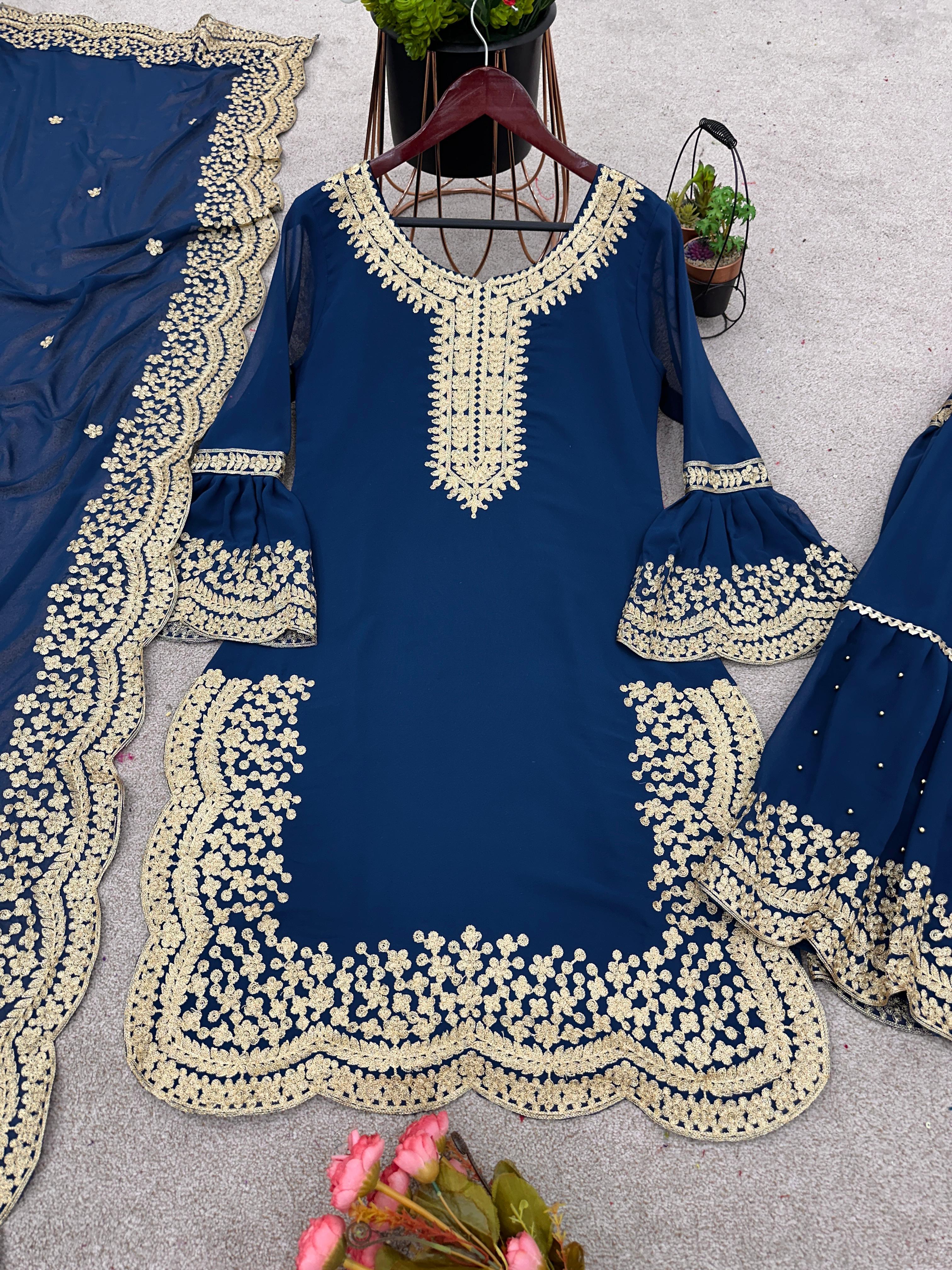Marvelous Embroidery Work Blue Color Sharara Suit