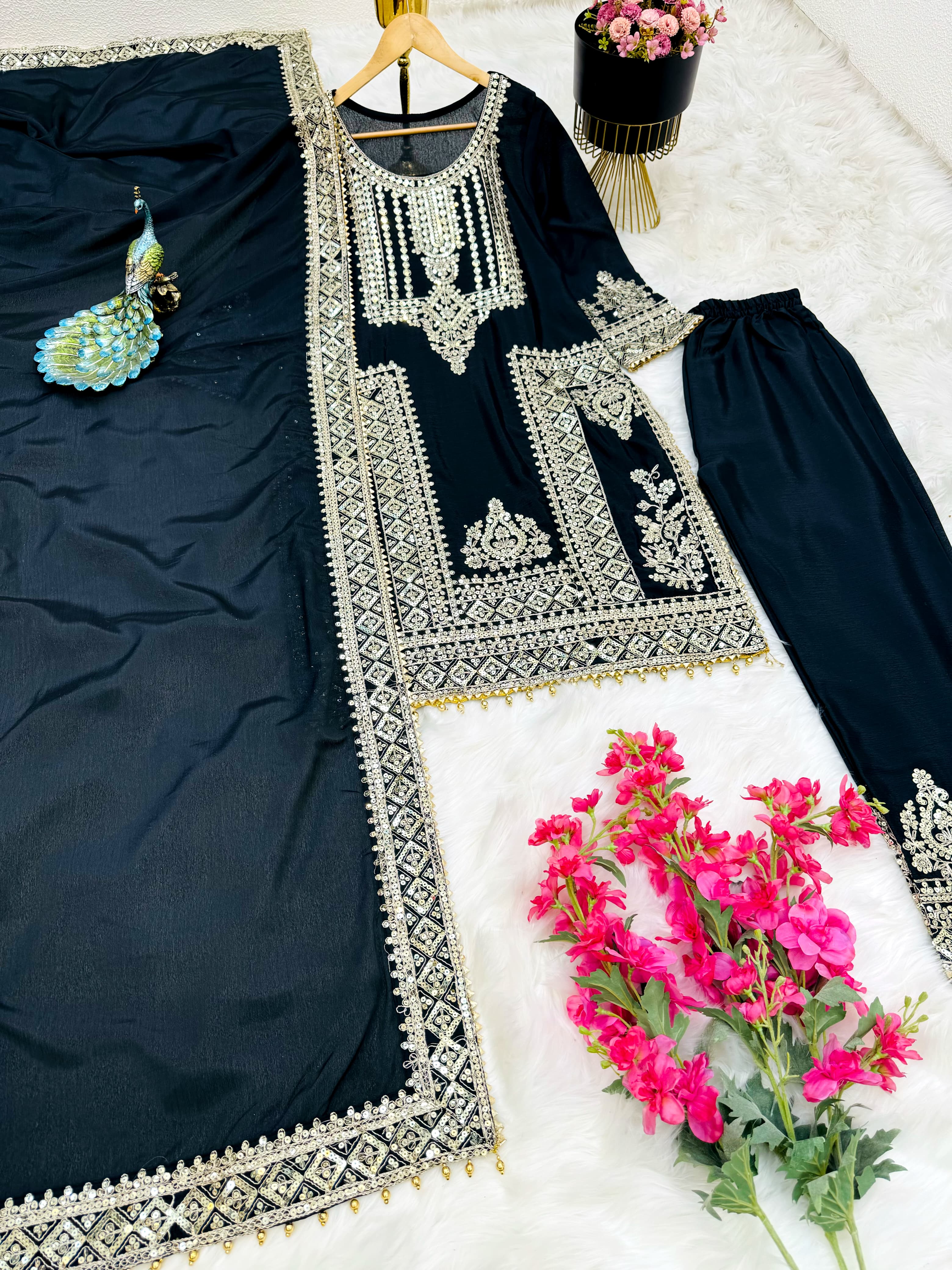 Charming Embroidery Sequence Codding Work Black Color Suit