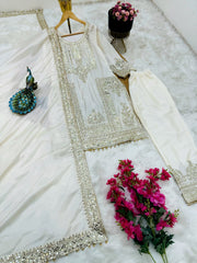 Charming Embroidery Sequence Codding Work White Color Suit