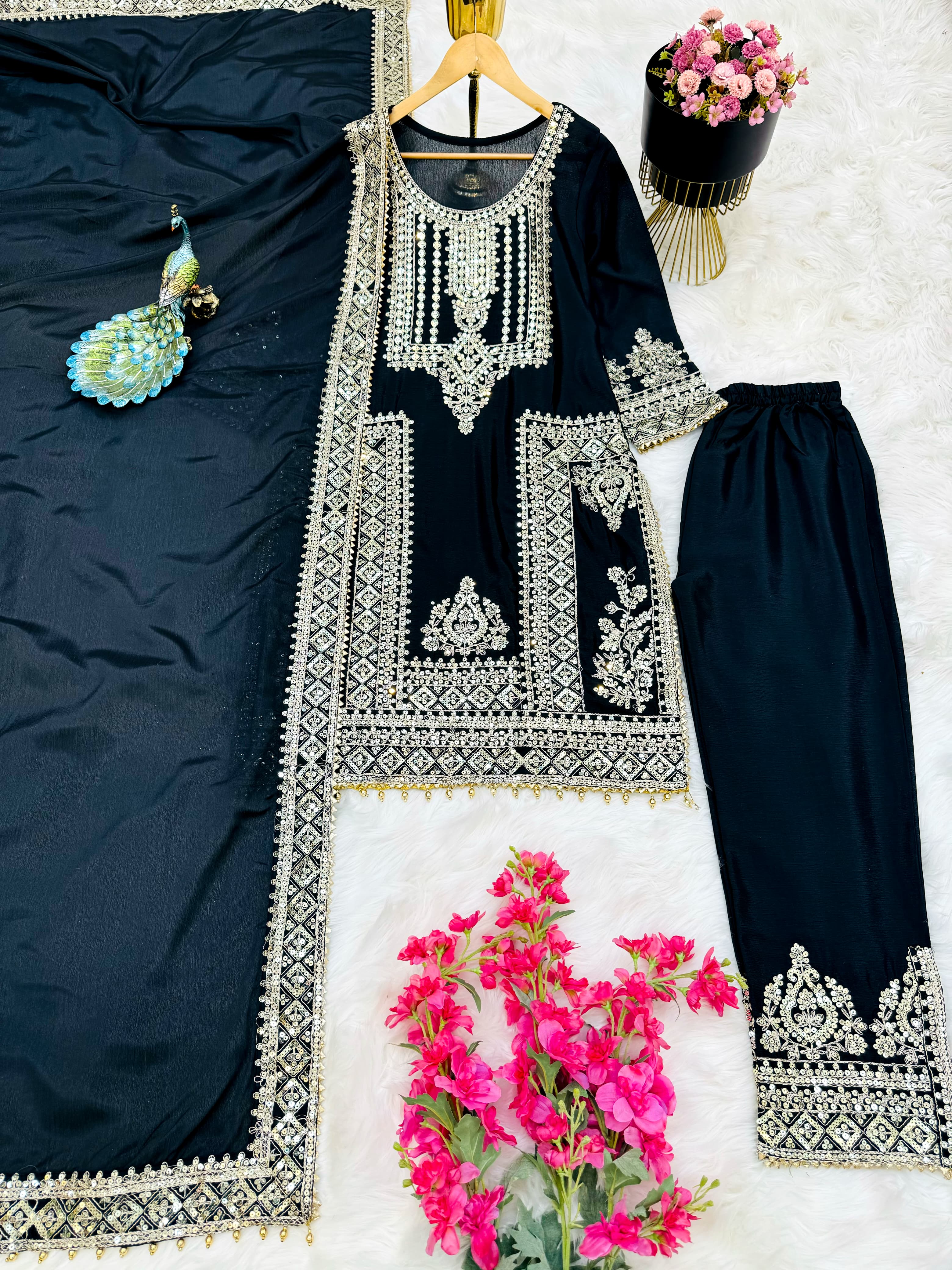 Charming Embroidery Sequence Codding Work Black Color Suit