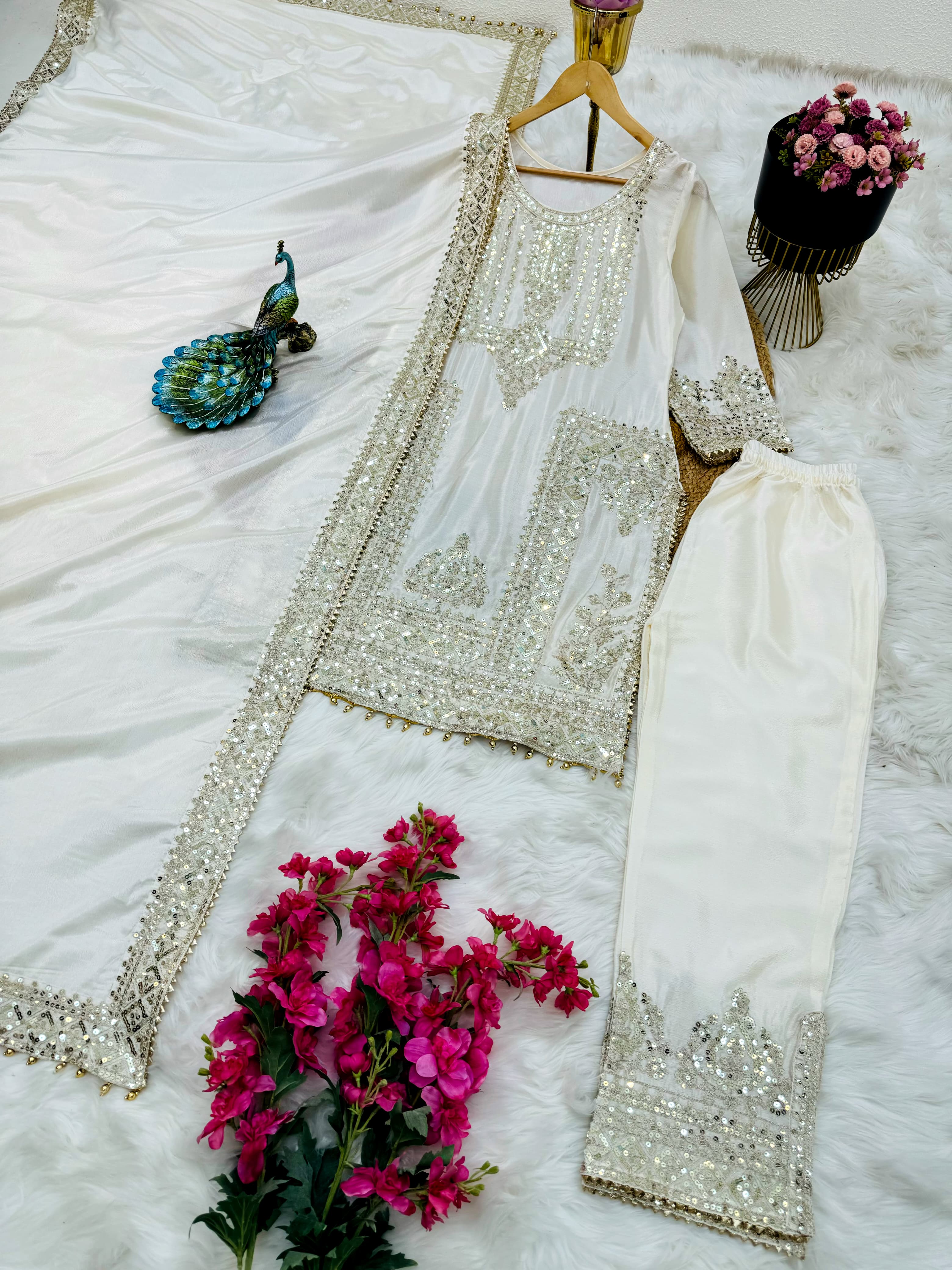 Charming Embroidery Sequence Codding Work White Color Suit