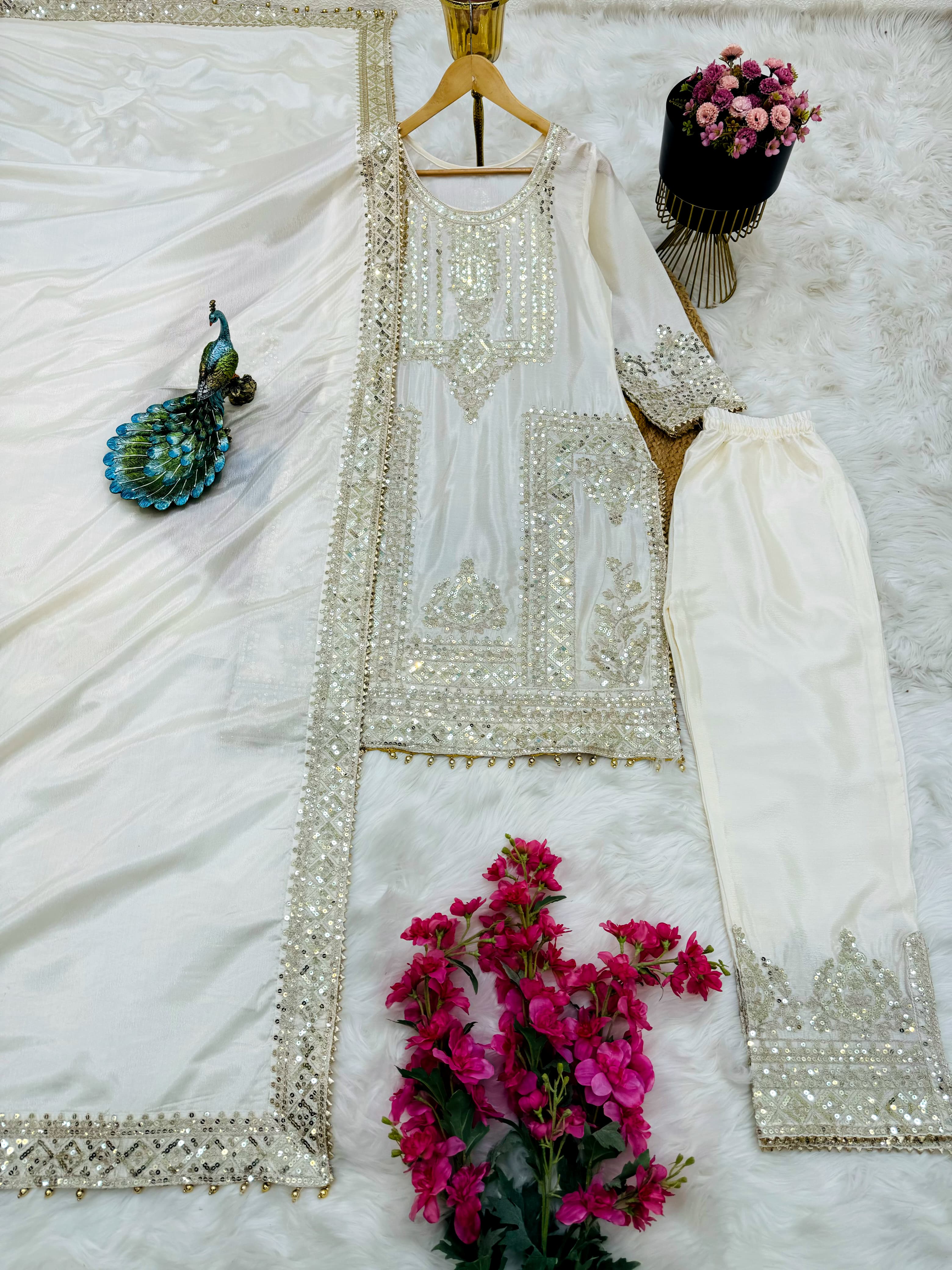 Charming Embroidery Sequence Codding Work White Color Suit