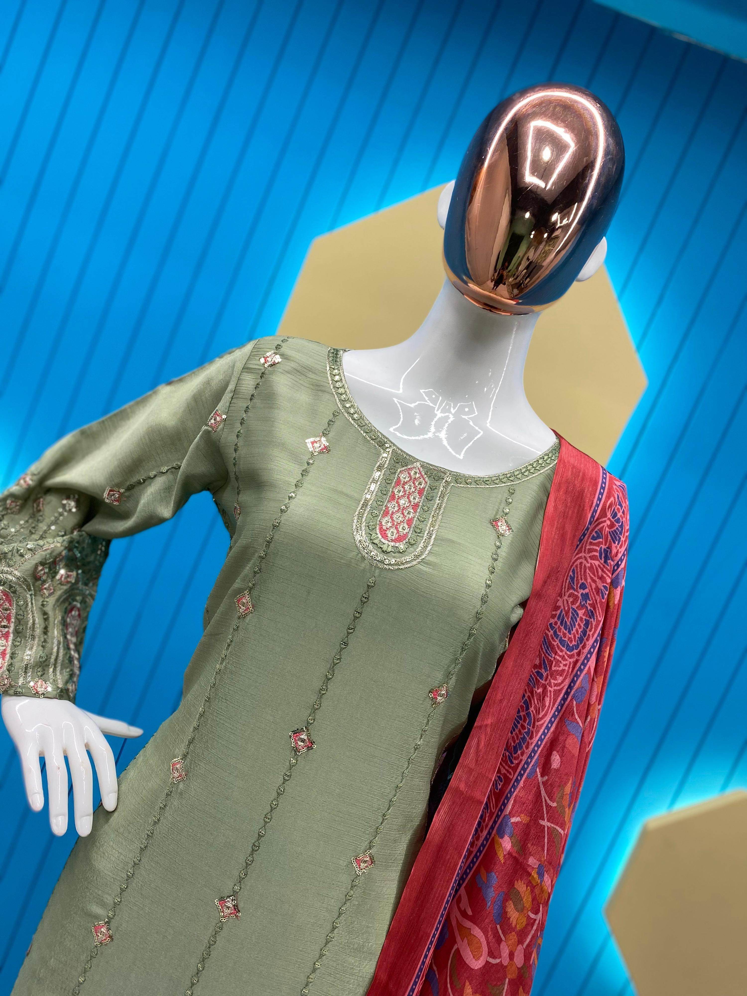 Glimmering  Sequence Embroidery Work Piasta Color Anarkali Suit