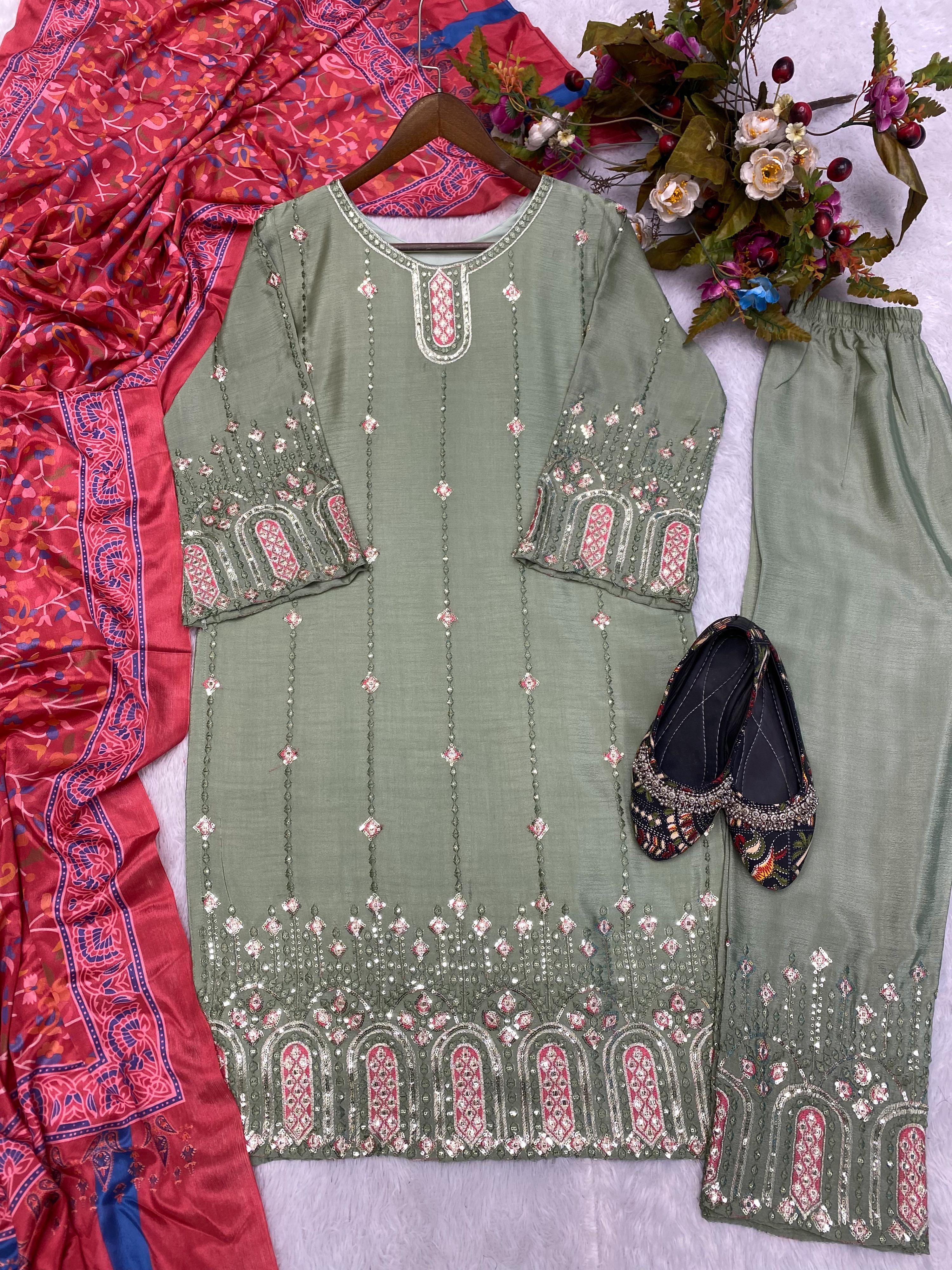 Glimmering  Sequence Embroidery Work Piasta Color Anarkali Suit