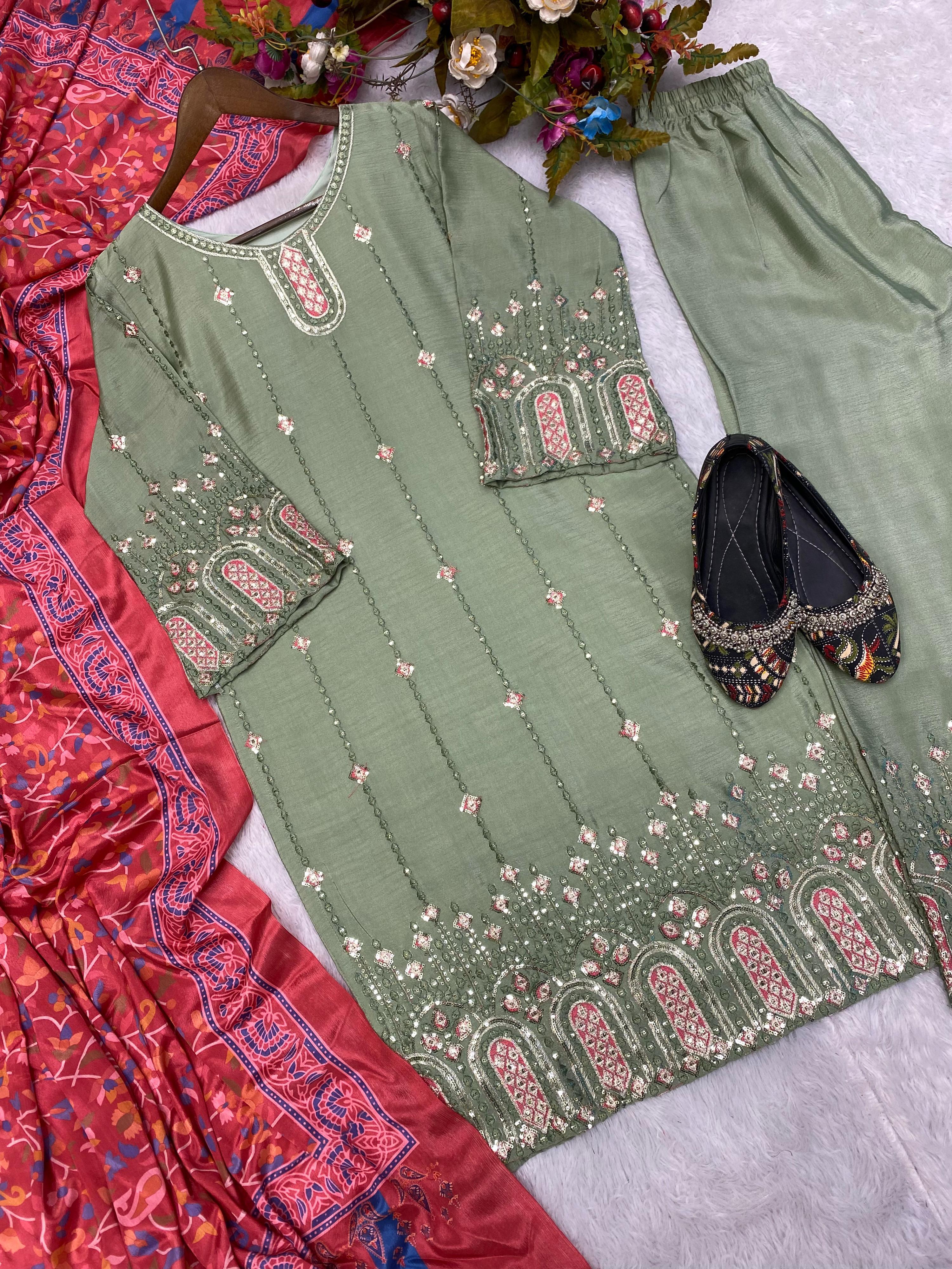 Glimmering  Sequence Embroidery Work Piasta Color Anarkali Suit