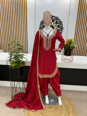 Stunning Embroidery Sequence Work Red Color Dhoti Suit