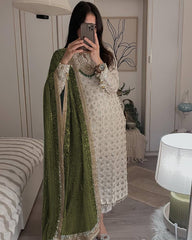 Pretty Sequence Work White Color Suit With Green Dupatta