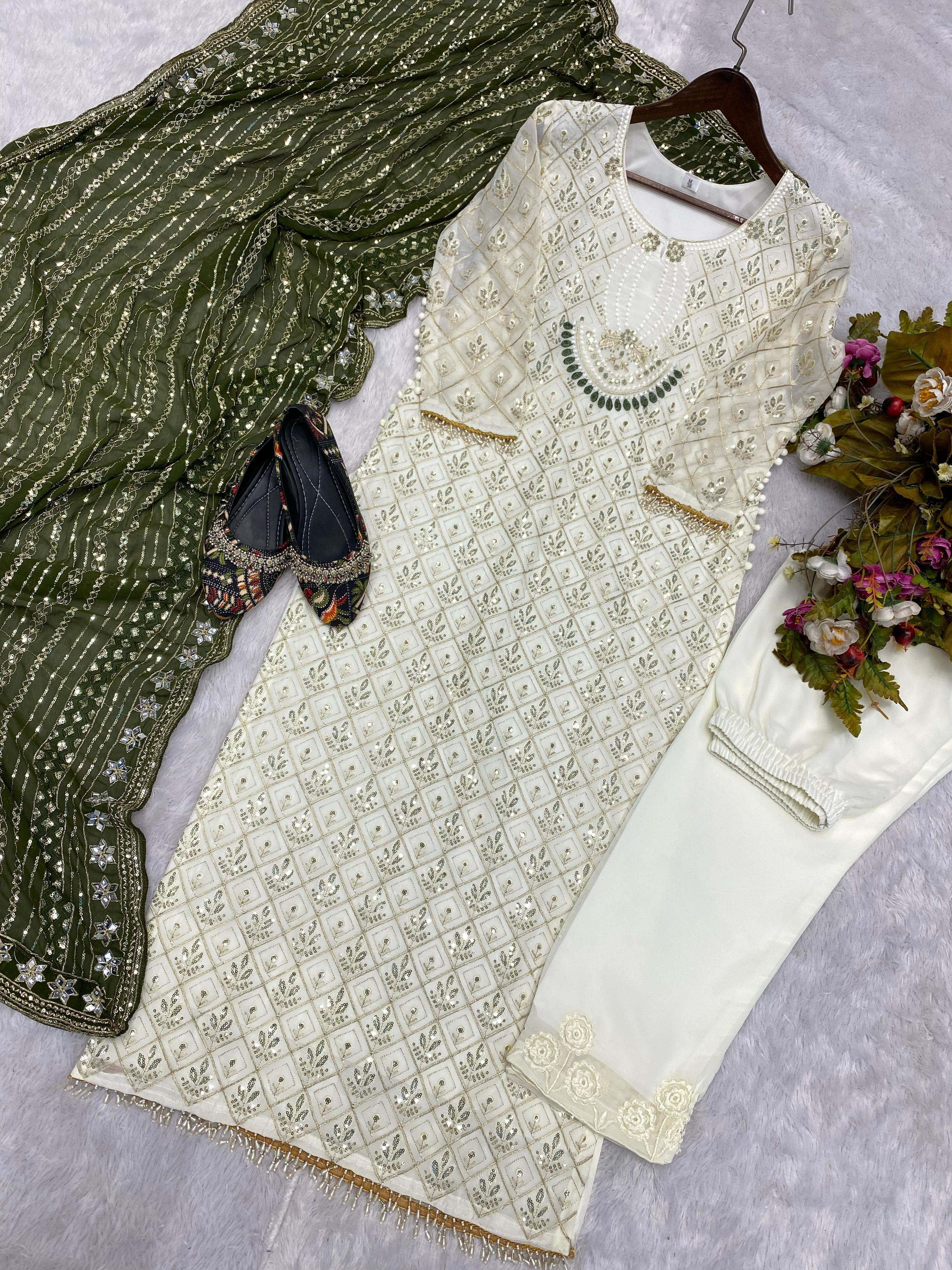 Pretty Sequence Work White Color Suit With Green Dupatta