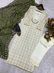 Pretty Sequence Work White Color Suit With Green Dupatta