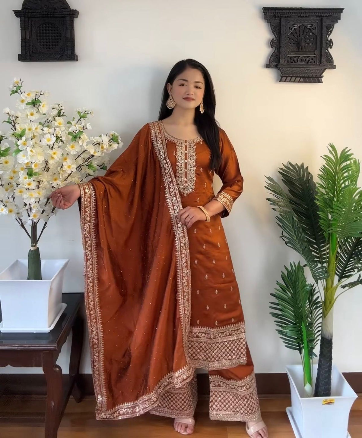 Delightful Embroidery Sequence Work Orange Color Anarkali Suit