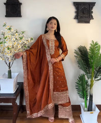 Delightful Embroidery Sequence Work Orange Color Anarkali Suit