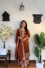Delightful Embroidery Sequence Work Orange Color Anarkali Suit
