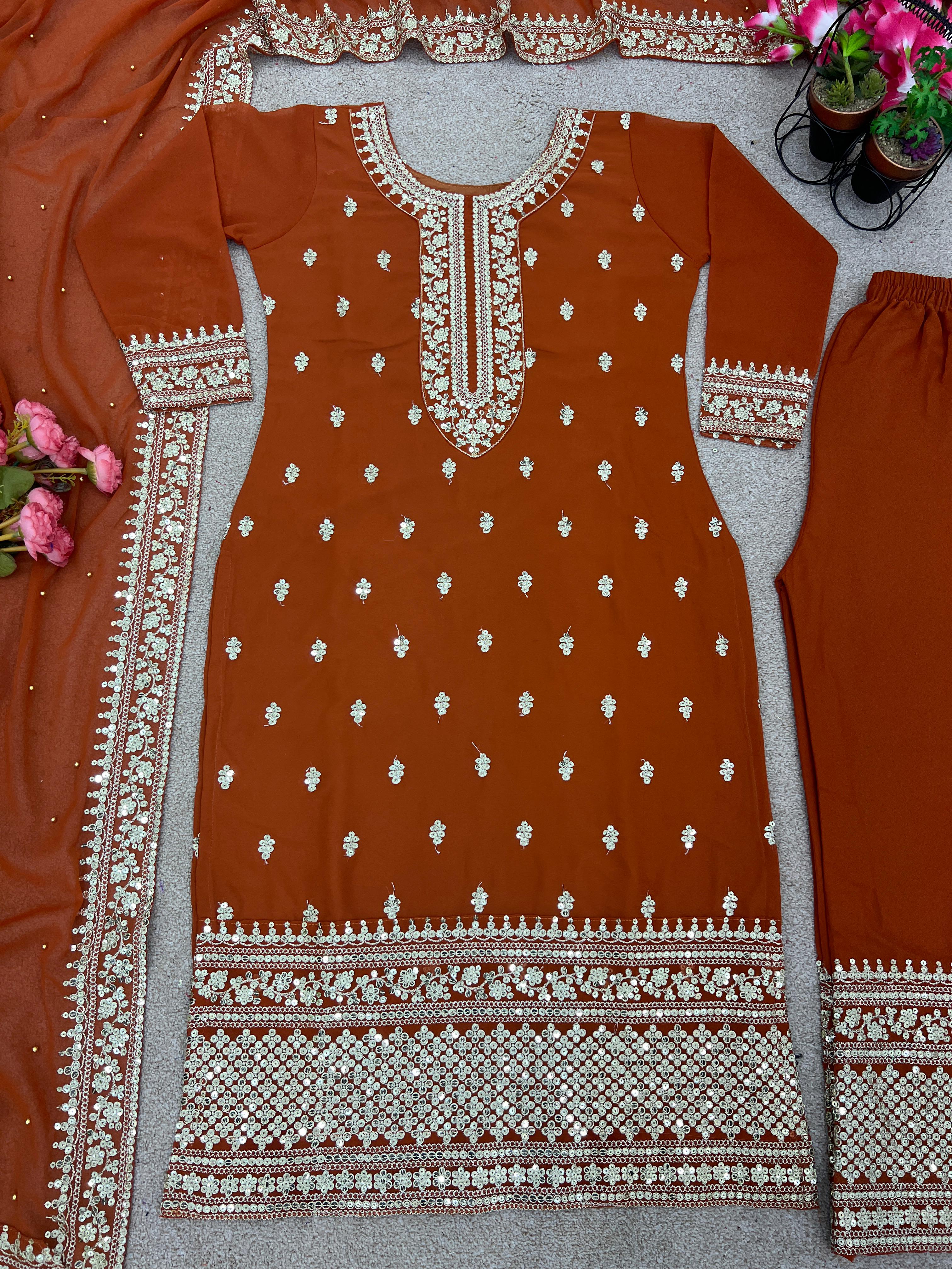 Delightful Embroidery Sequence Work Orange Color Anarkali Suit