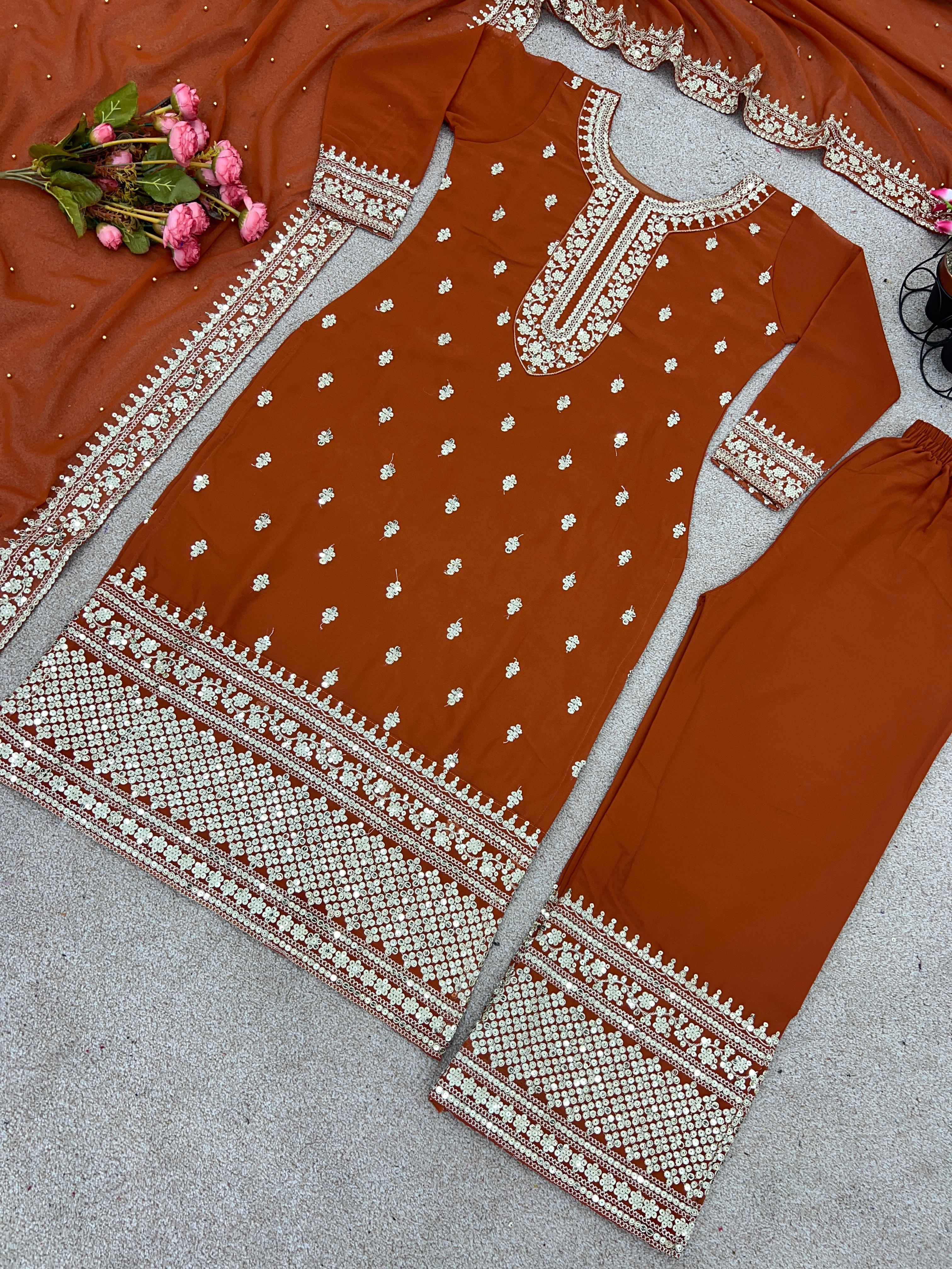 Delightful Embroidery Sequence Work Orange Color Anarkali Suit