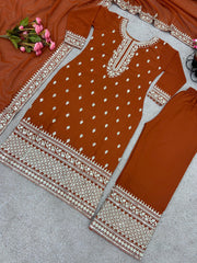 Delightful Embroidery Sequence Work Orange Color Anarkali Suit