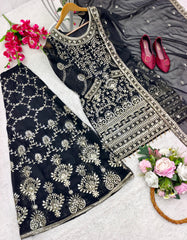 Luxuriant Embroidery Work Black Color Sharara Suit