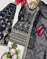 Luxuriant Embroidery Work Black Color Sharara Suit