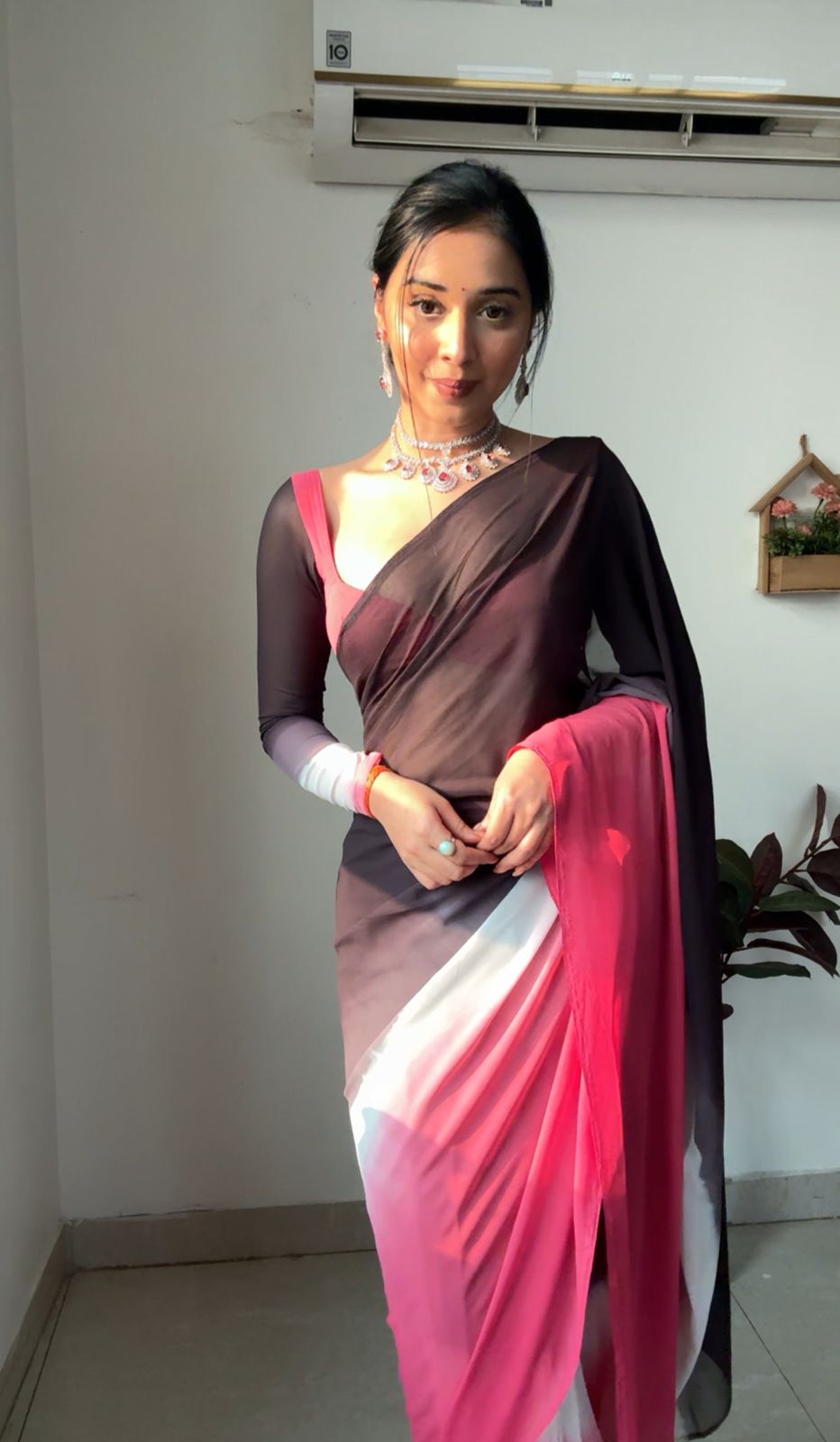 Charming Pink Color Satin Silk Ready To Wear Saree