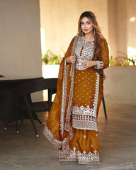 Decent Embroidery Sequence Work Orange Color Sharara Suit