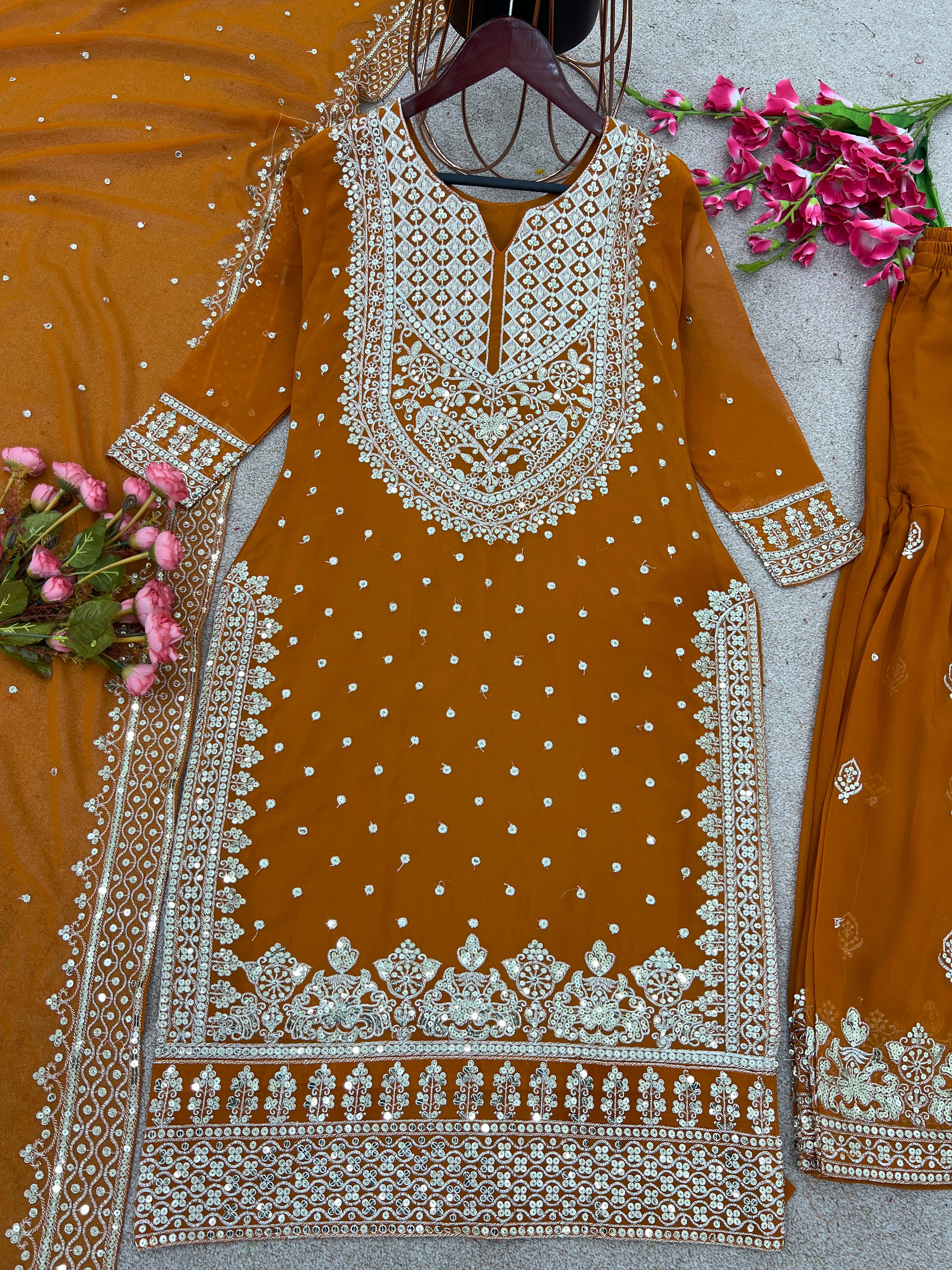 Decent Embroidery Sequence Work Orange Color Sharara Suit