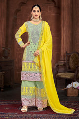 Designer Embroidery Sequence Work Yellow Color Sharara Suit