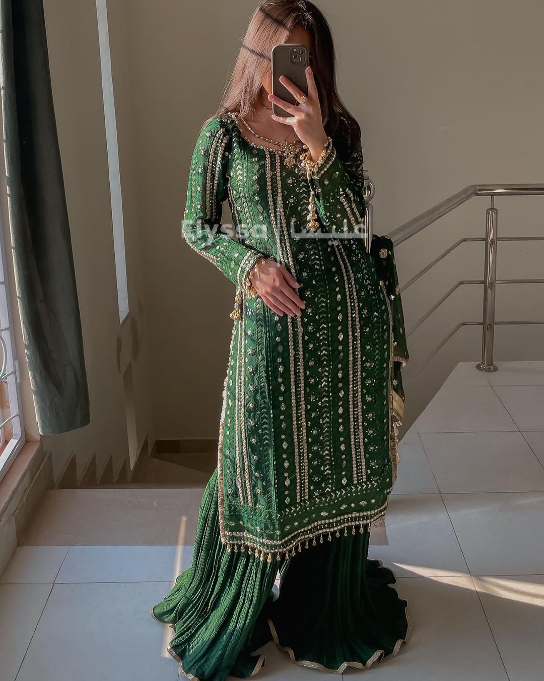 Eid Special Embroidery Sequenced Work Green Color Sharara Suit
