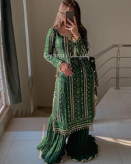 Eid Special Embroidery Sequenced Work Green Color Sharara Suit