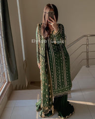 Eid Special Embroidery Sequenced Work Green Color Sharara Suit