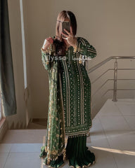 Eid Special Embroidery Sequenced Work Green Color Sharara Suit