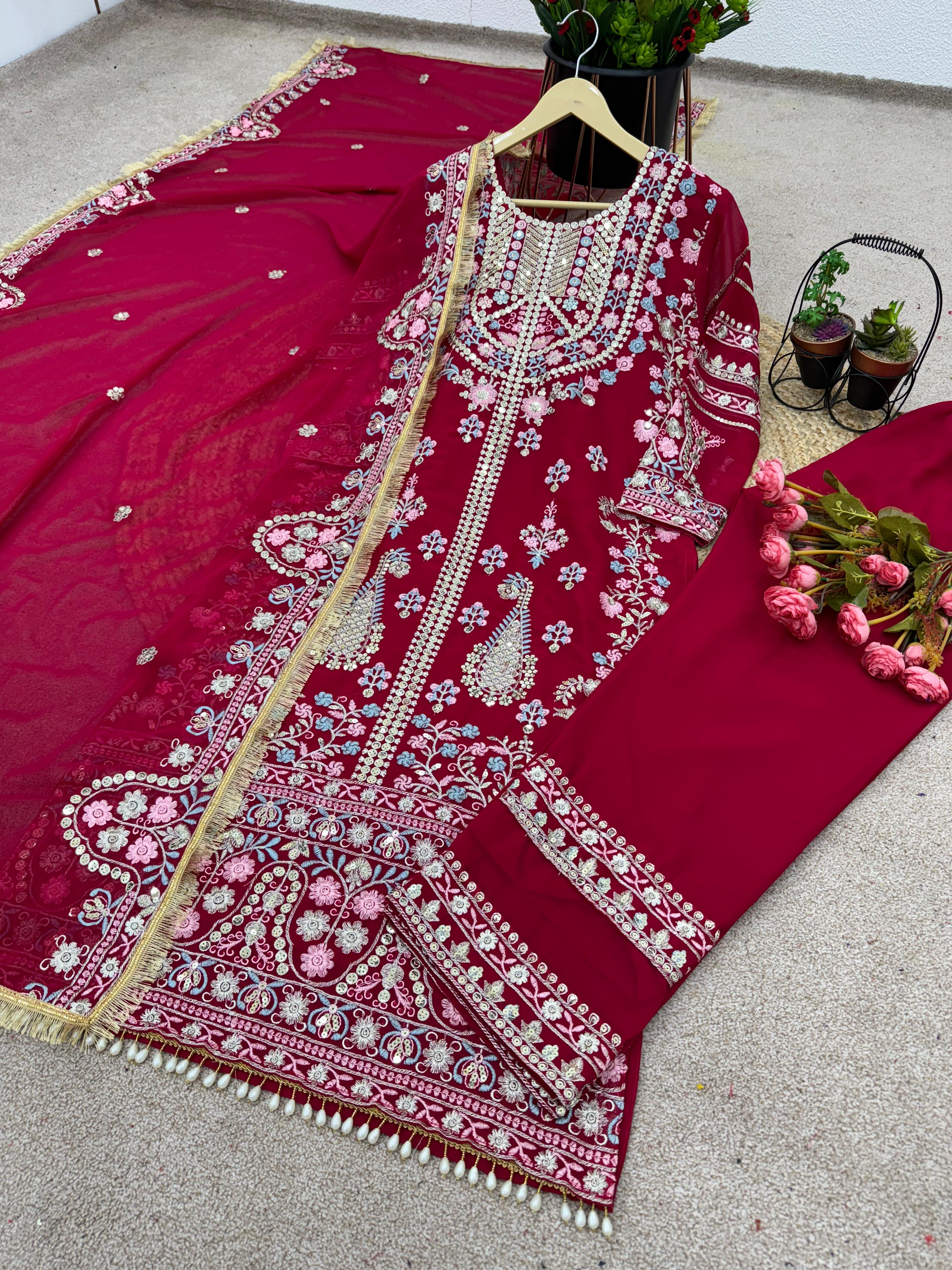 Demanding Embroidery Sequence Work Red Color Anarkali Suit