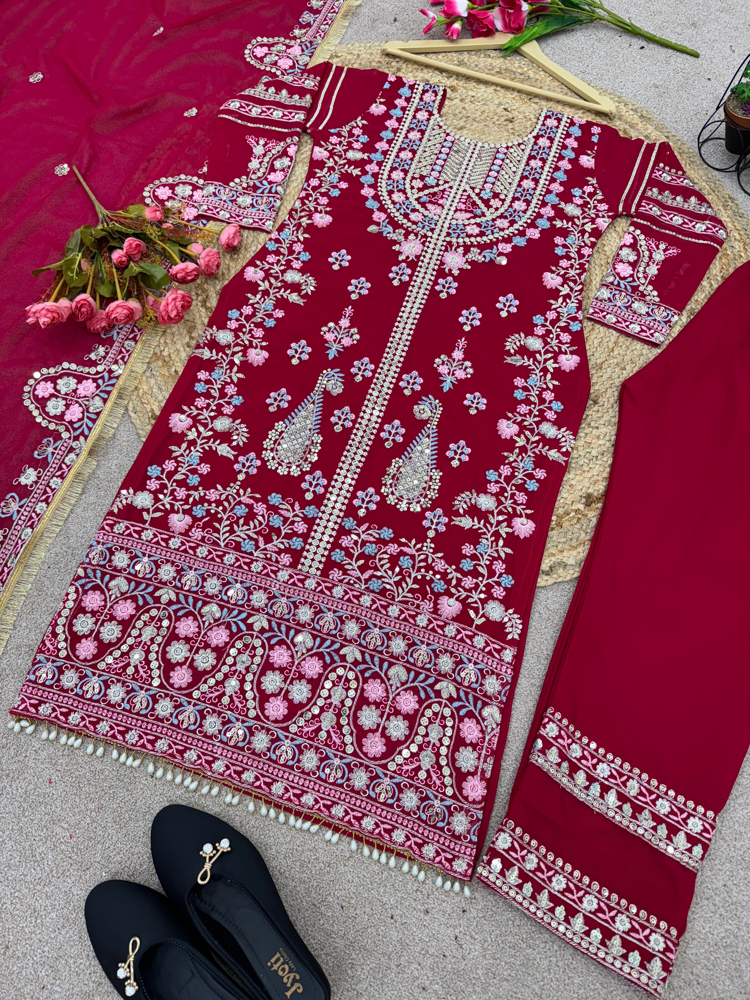 Demanding Embroidery Sequence Work Red Color Anarkali Suit