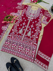 Demanding Embroidery Sequence Work Red Color Anarkali Suit