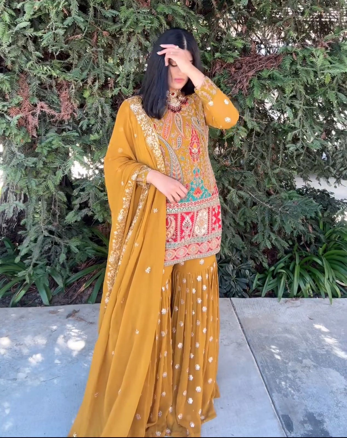 Hadi Style Embroidery Sequence Codding Work Yellow Color Sharara Suit