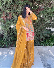 Hadi Style Embroidery Sequence Codding Work Yellow Color Sharara Suit