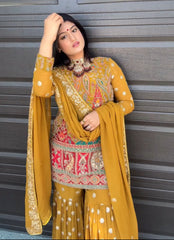 Hadi Style Embroidery Sequence Codding Work Yellow Color Sharara Suit