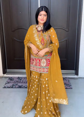 Hadi Style Embroidery Sequence Codding Work Yellow Color Sharara Suit