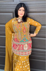 Hadi Style Embroidery Sequence Codding Work Yellow Color Sharara Suit
