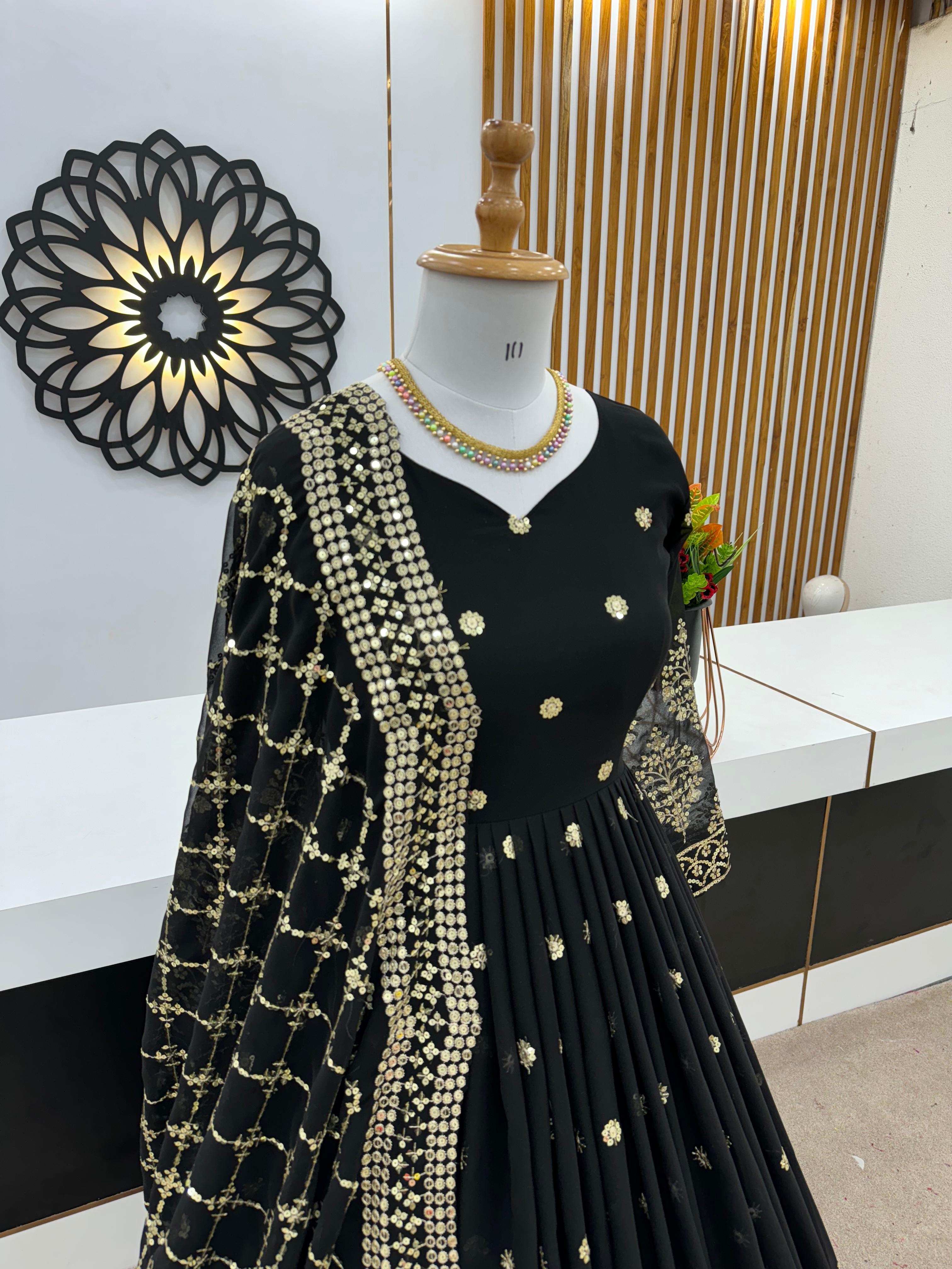 Mesmerizing Embroidery Sequence Work Black Color Long Gown