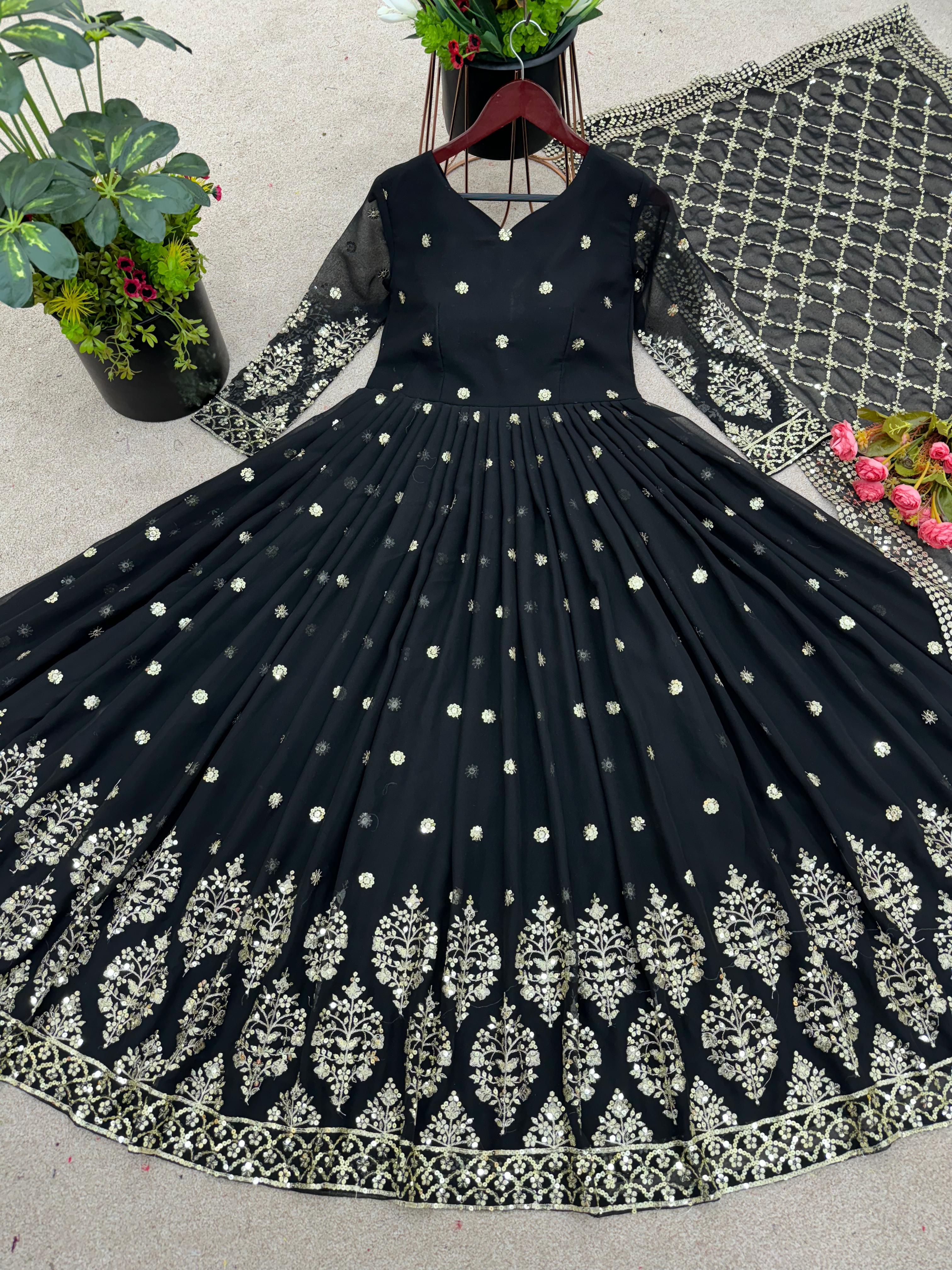 Mesmerizing Embroidery Sequence Work Black Color Long Gown