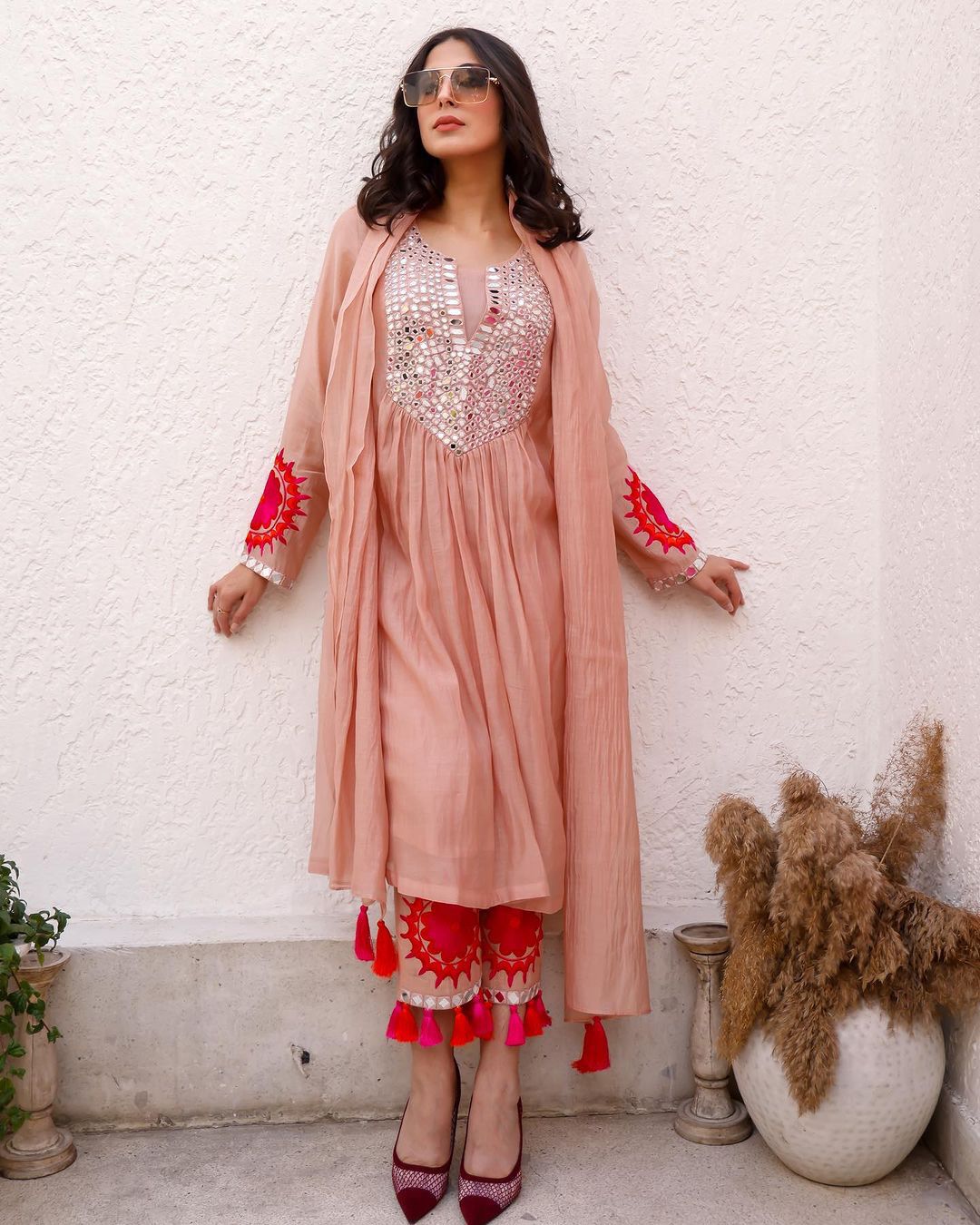 Blissful  Thread With Real Mirror Work Preach Color Anarkali Suit