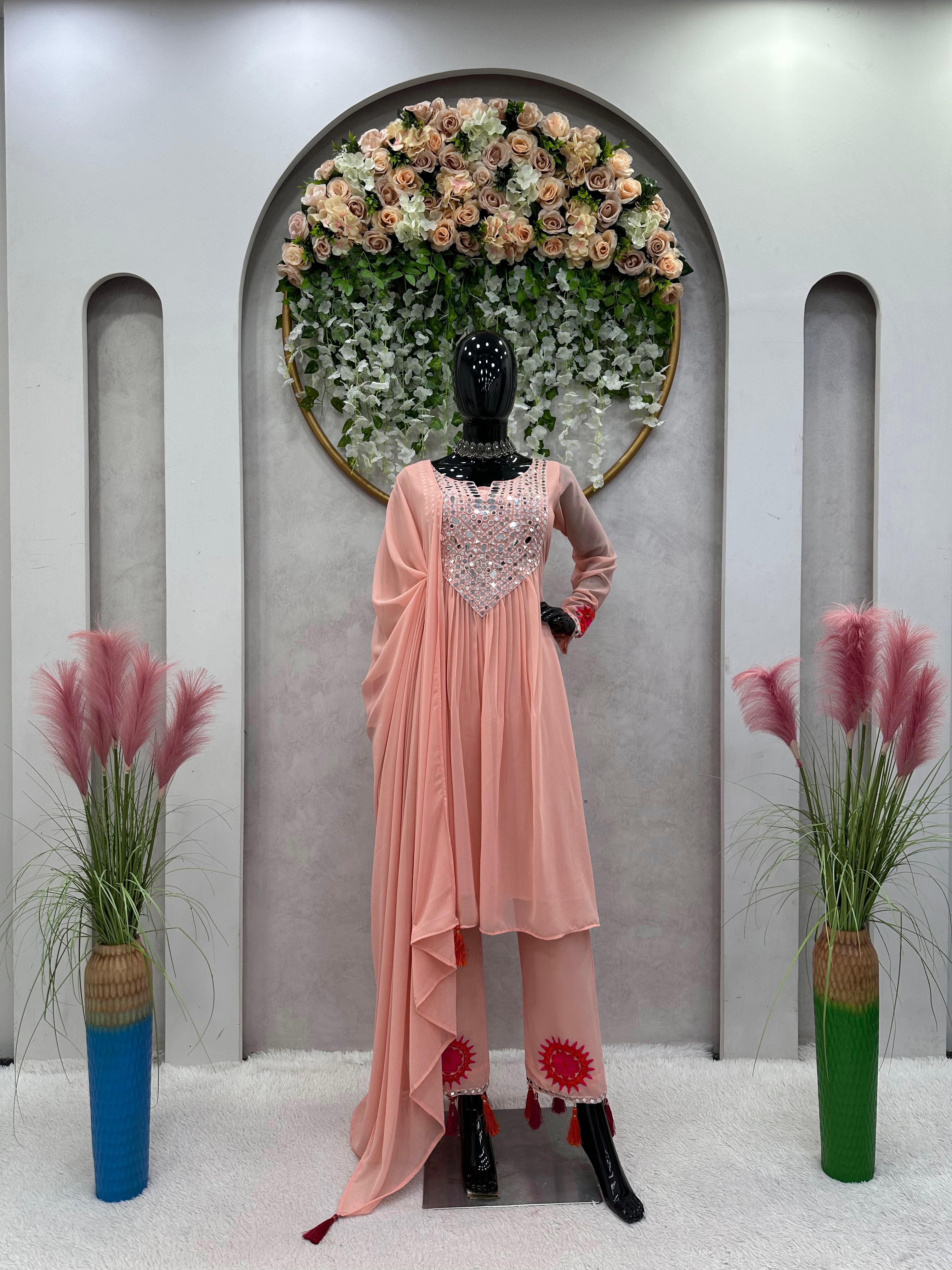 Blissful  Thread With Real Mirror Work Preach Color Anarkali Suit