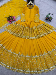 Mesmerizing Embroidery Sequence Work Yellow Color Top With Lehenga